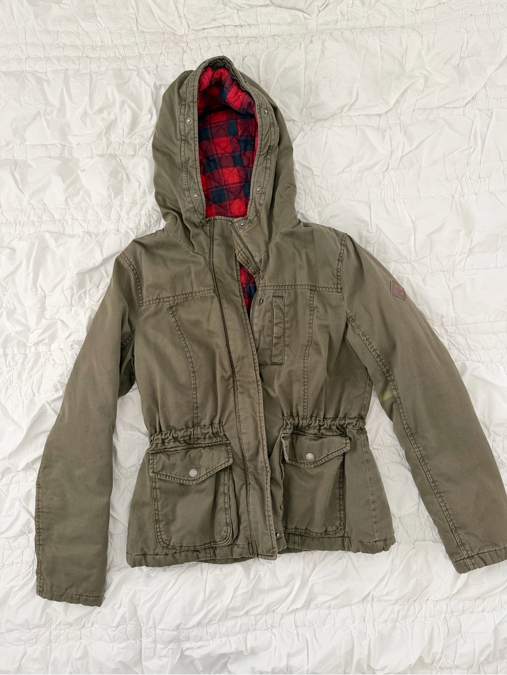 Hollister Girls' Hooded Utility Jacket with Red Plaid Lining - Olive Green L